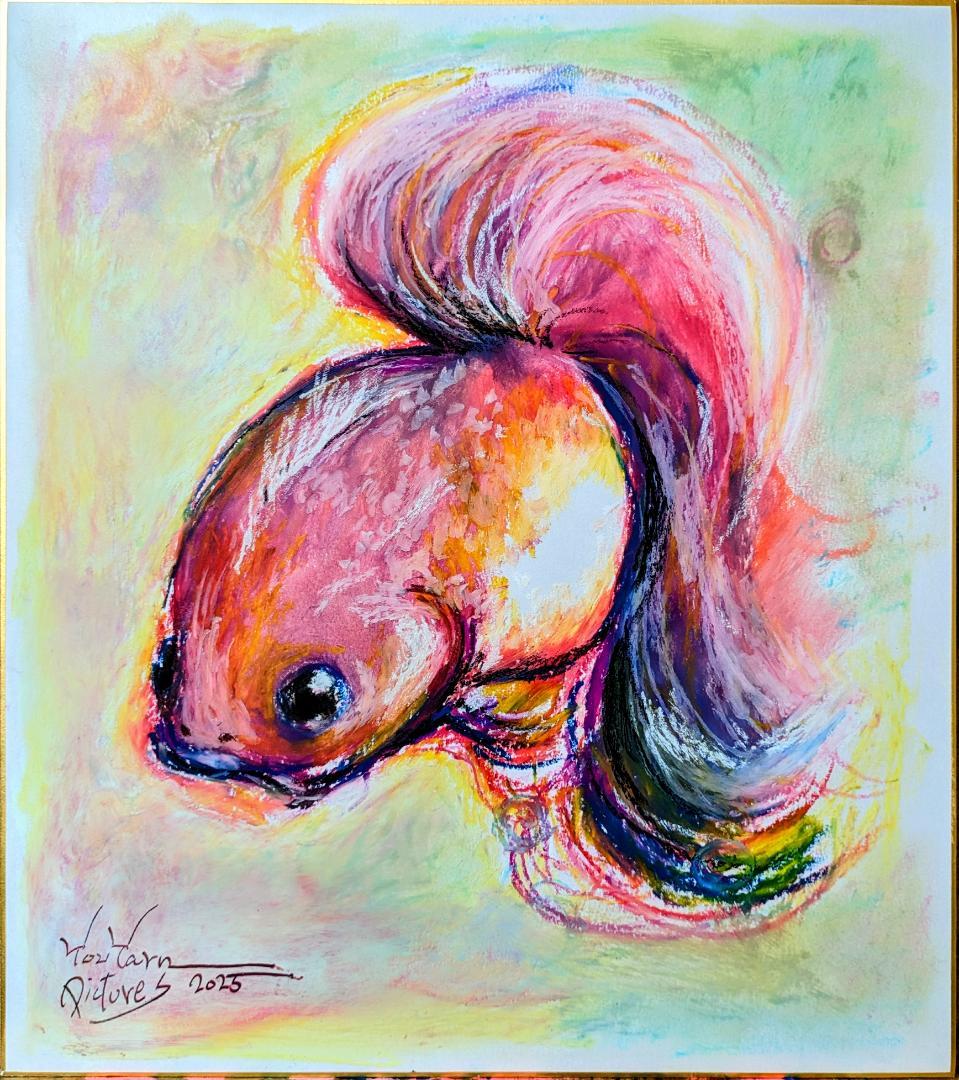 【色紙1点物】「幸福を呼ぶ金魚」■東京藝大卒画家■松崎祐哉■クレヨン真作・肉筆画